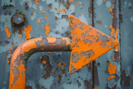 Close-up of a faded orange arrow sign on a rusty metal surface with peeling paintの素材