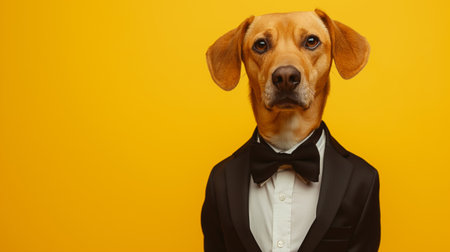 Portrait of an anthropomorphic dog wearing a stylish tuxedo, against a vibrant yellow backdropの素材