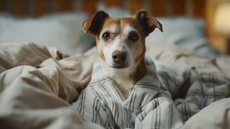 Adorable furry friend, a canine, endorsing cozy pajamas and bringing humor to a relaxed, peaceful indoor setting in a warm and comfy bedroom environmentの素材