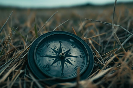 Classic compass nestled in dry grass, symbolizing guidance and adventureの素材