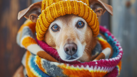 Charming anthropomorphic dog donning a knitted hat and colorful scarf for the winter seasonの素材