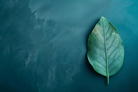 Single green leaf symbolizing nature on a textured blue backdropの素材