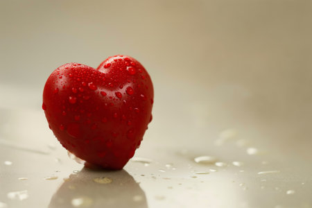 A minimalist red heart with water droplets suggesting freshness, love, or romanceの素材