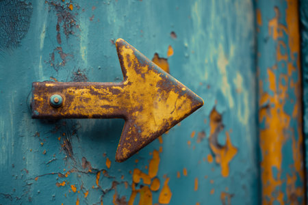 Rustic metal arrow sign with a peeling yellow paint pointing right on an aged blue wall with textureの素材