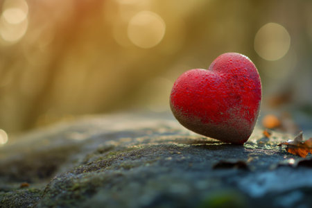Minimalist heart icon symbolizing love in a tranquil outdoor setting with warm sunlightの素材