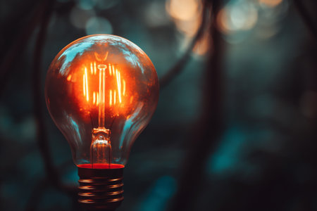 Close-up of an illuminated incandescent bulb with a warm glow against a dark, blurred backdropの素材