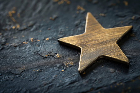 Close-up photo of a minimalist golden star symbol on a dark, textured backgroundの素材