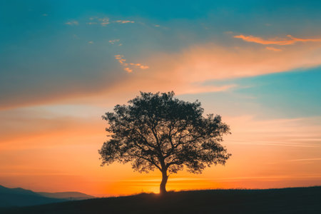 Minimalist tree silhouette against a vivid sunset backdrop, evoking peace and natural beautyの素材