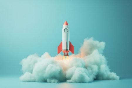 Minimalist rocket launch illustration with modern. Stylized design and vibrant turquoise background. Depicting the innovative concept of spacecraft ascending into space. Representing progressの素材