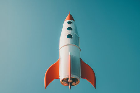 Graphic illustration of a stylized rocket ascending, set against a clear blue sky backdropの素材