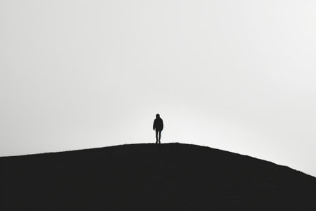 Minimalist silhouette of a person standing alone on a serene hill. Contemplating the peaceful and tranquil scenery of the clear horizon at dusk. Surrounded by the calm and quiet natureの素材