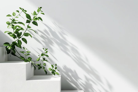 Soft shadow falls over a minimalist scene with a green plant, hinting at sleek typography designの素材