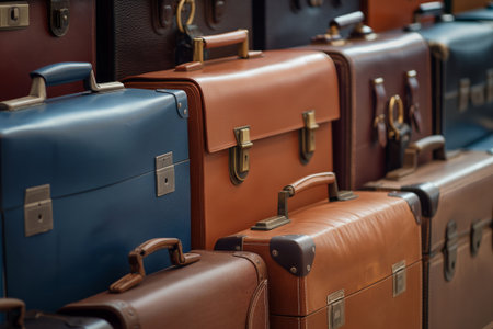 Close-up shot of multiple stacked leather briefcases, a symbol of professionalism and organization for legal cases, business accessories, and office suppliesの素材