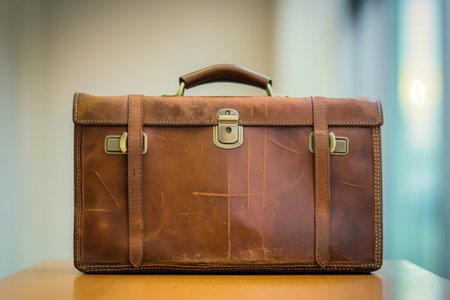 Close-up of a stylish, well-used leather briefcase symbolizing business strategy and professionalismの素材