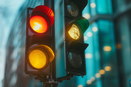 Close-up of a traffic light with red, yellow, and green lights on, symbolizing decision-making against a blurred cityscapeの素材