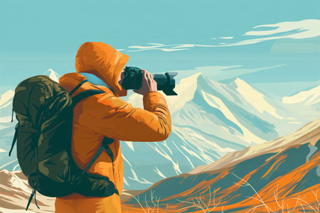 Illustration of a photographer in vibrant outdoor gear photographing breathtaking mountain sceneryの素材