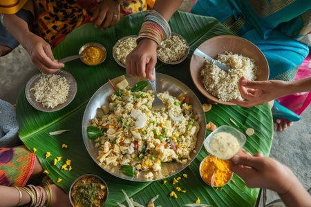Overhead view of a family's hands serving and eating a nutritious meal on banana leavesの素材