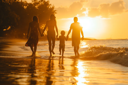 Golden hour family beach walk at sunrise with silhouettes. Reflecting shoreline. Peaceful sea waves. And togetherness during a vacation. Surrounded by the serenity of nature and the soothing sunlightの素材