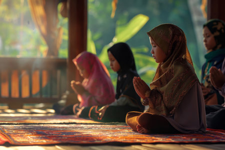 Silhouette of a family performing morning prayers together during sunrise, creating a tranquil sceneの素材