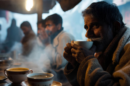 Serene photo capturing an Indian individual sipping hot tea or coffee with others in a rustic settingの素材