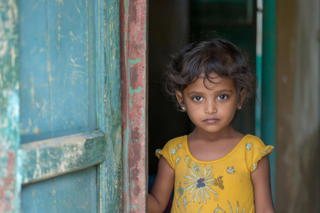 Portrait of a young Indian child holding their artwork with a serious expression by a rustic doorの素材
