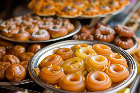 Close-up photo showcasing an assortment of ladoos and jalebis, traditional Indian confectionsの素材