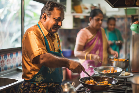 Indian man in an apron cooking with a pan while a woman helps in the backgroundの素材