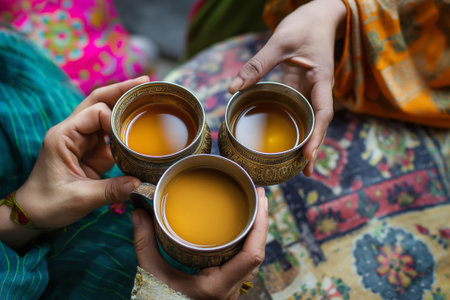 Close-up of hands holding traditional Indian cups sharing a warm cup of chaiの素材