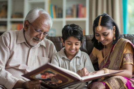 Elderly Indian couple and their grandchild looking at a photo album together with pride and joyの素材
