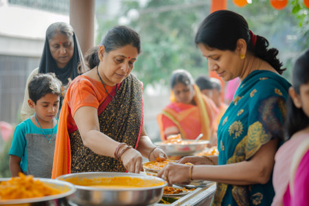 Indian parents serve food with smiles at a local community gathering, embodying the spirit of volunteerism and cultural sharingの素材