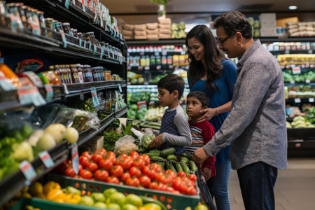 Happy Indian family with two children choosing vegetables in a grocery storeの素材