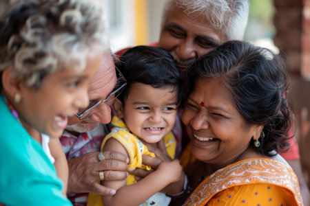 Indian grandparents sharing a joyful moment with their grandchild, all wrapped in a warm embraceの素材