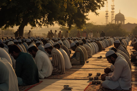 Silhouetted figures of Muslims gathered for prayer facing a mosque at duskの素材