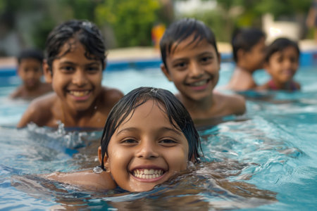 Happy group of Indian kids with bright smiles swimming and playing in a neighborhood poolの素材