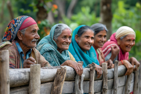 Group of Indian neighbors enjoying a friendly conversation, leaning on a wooden fence in a rural settingの素材