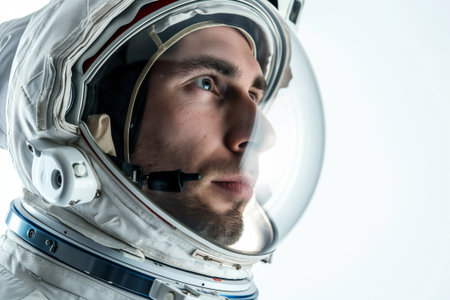 Close-up of a male astronaut wearing a spacesuit helmet, looking upwards with anticipationの素材