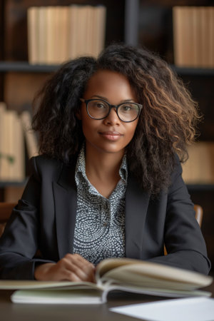 Portrait of a composed young woman with glasses in a suit, sitting with an open book in a libraryの素材