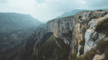 Atmospheric image of a vast canyon landscape shrouded in mist, showcasing the beauty of natureの素材