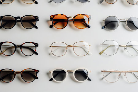 Variety of stylish eyewear neatly arranged against a clean, white backdropの素材