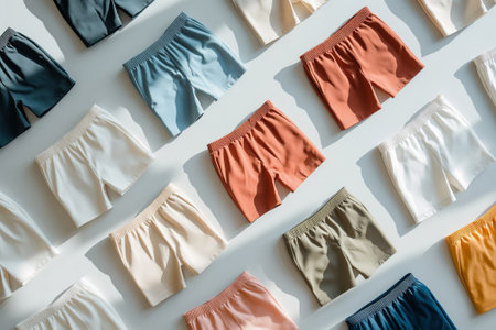 Overhead view of various colored shorts arranged neatly in a minimalist styleの素材
