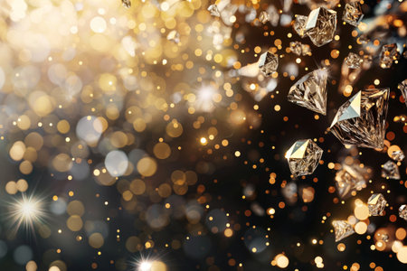 Abstract and luxurious background with floating diamonds amid a golden bokeh light effectの素材