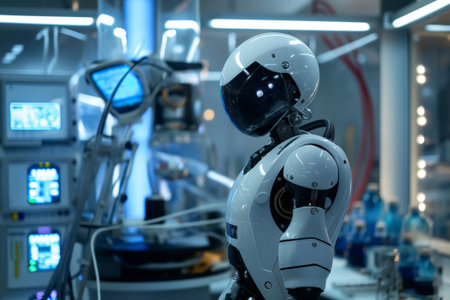 Modern humanoid robot standing amidst advanced scientific equipment in a futuristic laboratory settingの素材