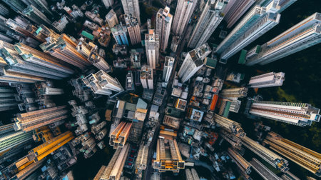 Captivating aerial photograph displaying a complex cityscape with densely packed skyscrapers and buildingsの素材