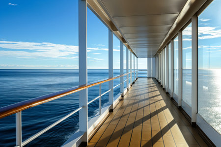 Empty observation deck on a luxury cruise ship with panoramic sea views under a clear blue sky during a tranquil ocean voyageの素材