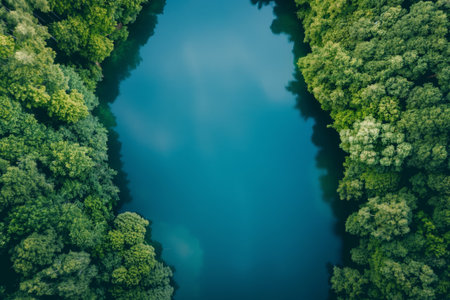Top-down drone shot of a tranquil lake nestled within a lush green woodland. Perfect for serene backgroundsの素材