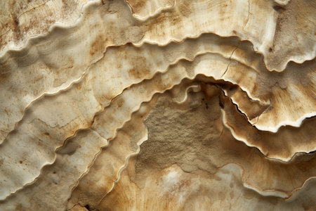 Close-up of a stone surface with intricate, wavy patterns and earthy tonesの素材