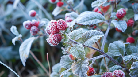 Serene winter garden scene with vibrant red berries covered in delicate frost, showing the beauty of nature in the coldの素材