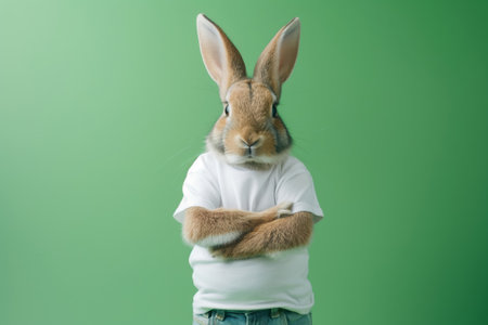 Trendy rabbit posing confidently in a white t-shirt against a solid green background, showing a humorous and playful conceptの素材