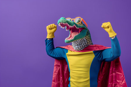 Dynamic photo of a crocodile superhero wearing glasses and a colorful outfit, set against a vibrant purple background, radiating fun and creativityの素材