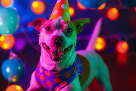 Cheerful dog wearing a colorful party hat and polka dot pants celebrates joyfully among vibrant lights and festive decorationsの素材